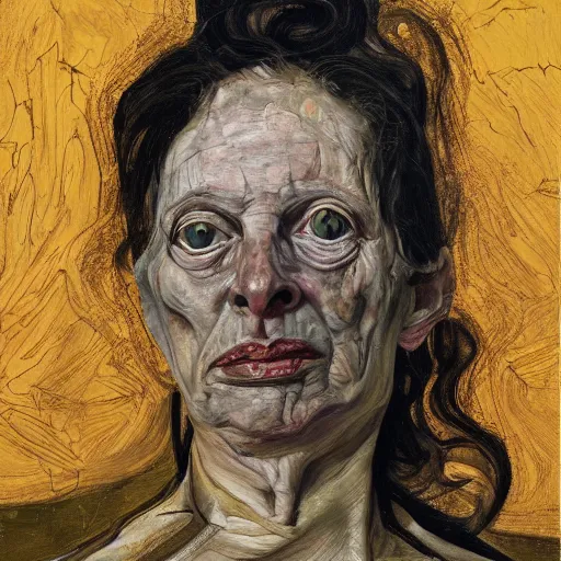 Image similar to high quality high detail painting by lucian freud, hd, portrait of dark woman witch