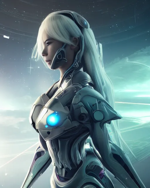 Prompt: photo of a android girl on a mothership, warframe armor, beautiful face, scifi, nebula, futuristic background, galaxy raytracing, dreamy, focused, sparks of light, pure, long white hair, blue cyborg eyes, glowing, 8 k high definition, insanely detailed, intricate, innocent, art by akihiko yoshida, antilous chao, woo kim