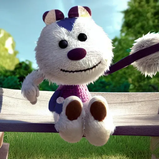 Image similar to a still from the game Little Big Planet, of a cute furry striped white-colored monster, enjoying while sitting on a swing in the middle of a park, facing towards the camera, dramatic lighting, by Victor Hugo, octane render, unreal engine, eye detailing, full-shot, very, very, very, very cute photo