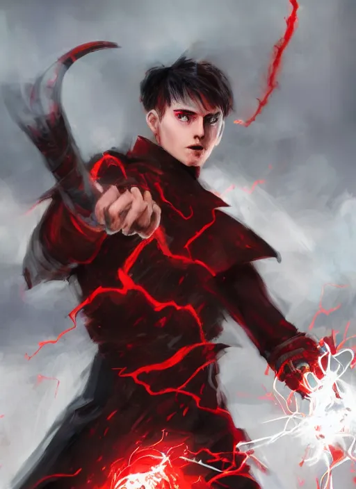 Prompt: An epic fantasy comic book style portrait painting of a young man with black and red cowlick haircut, red eyes, wearing an red shirt with X symbol, black overcoat, blue jeans. He is surrounded by red energy. Wearing a power scouter. Unreal 5, DAZ, hyperrealistic, octane render, cosplay, RPG portrait, dynamic lighting