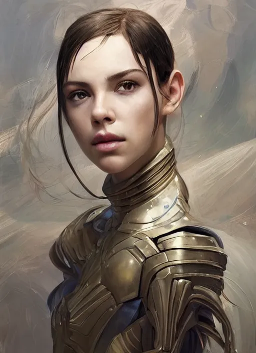 Image similar to a professional painting of a beautiful young female alien, clothed in ethereal armor, olive skin, long dark hair, beautiful bone structure, symmetrical facial features, intricate, elegant, digital painting, concept art, smooth, sharp focus, illustration, from Valerian and the City of a Thousand Planets, by Ruan Jia and Mandy Jurgens and Artgerm and William-Adolphe Bouguerea