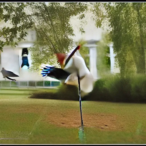 Prompt: a realistic photograph of a goose swinging on a swing, real life