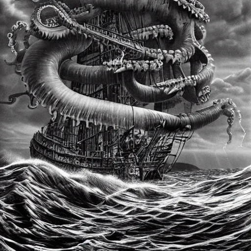 Prompt: a highly detailed hyperrealistic scene of a ship being attacked by giant squid tentacles, jellyfish, squid attack, dark, voluminous clouds, thunder, stormy seas, pirate ship, dark, high contrast, yoji shinkawa, scary, m.c. Escher, highly detailed, brutal, beautiful, octopus arms attacking the ship from the storm, illusion