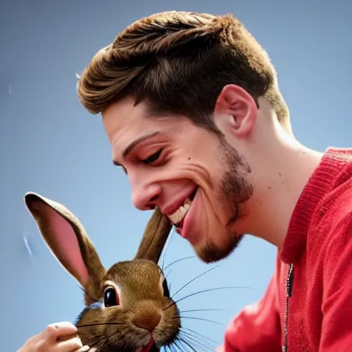 Image similar to pete davidson gleefully pulling a rabbit out of a hole