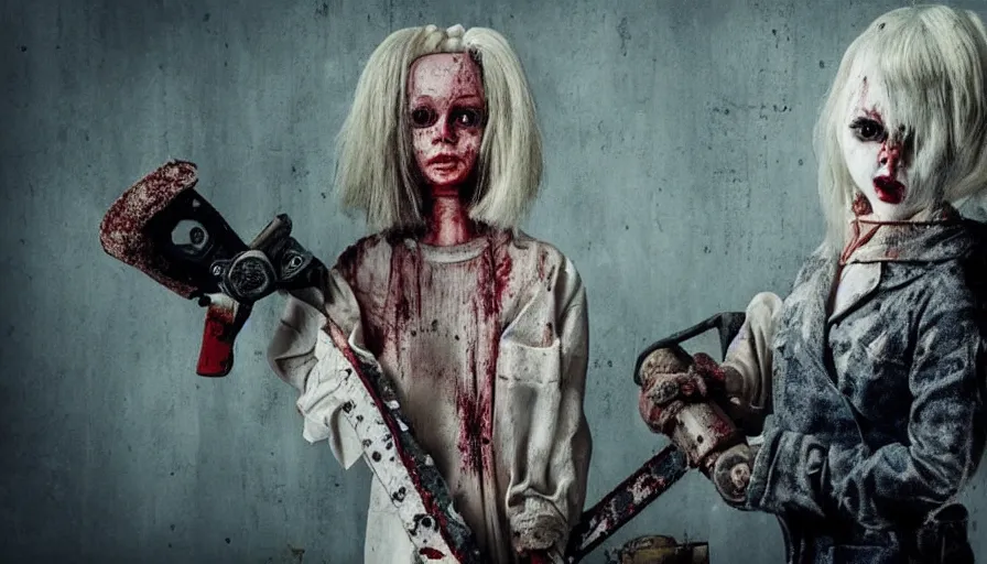 Image similar to big budget horror movie about an evil killer doll with a chainsaw
