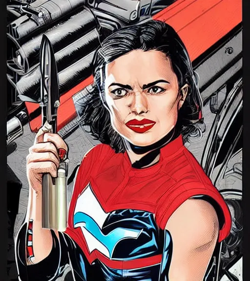 Prompt: portrait of a female inventor holding a wrench, by dc comics and sandra chevrier