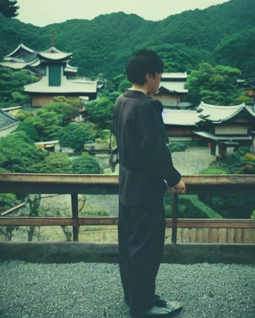 Image similar to a lomographic photo of old pacific rim ( 2 0 1 3 ) jaeger, standing in typical japanese yard in small town, hikone on background, cinestill, bokeh