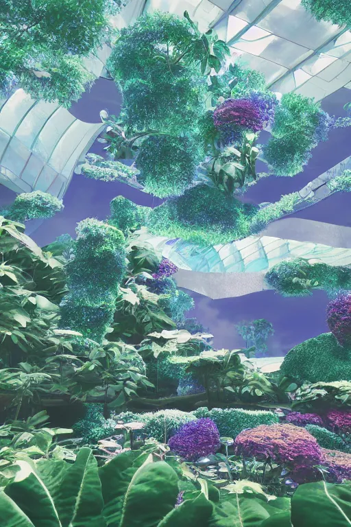 Image similar to multi level botanical garden spaceship floating in space, calm, tranquil, faded effect, detailed, vaporwave colors, render by substance designer