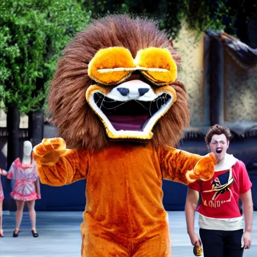 Image similar to terrible lion mascot costumes in a stage show at disneyland, covered outdoor stage, theatrical lighting, iphone video