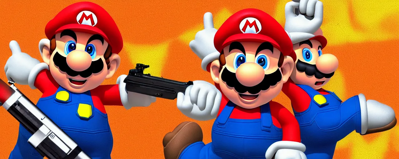 Prompt: mario with a shotgun at the gates of hell