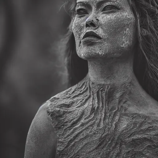 Prompt: beautiful stone woman, lava flowing, exotic trees, bare bark, dark eyes, low angle mist, high octane, frostbite, 8 k, cinematic, 3 5 mm,