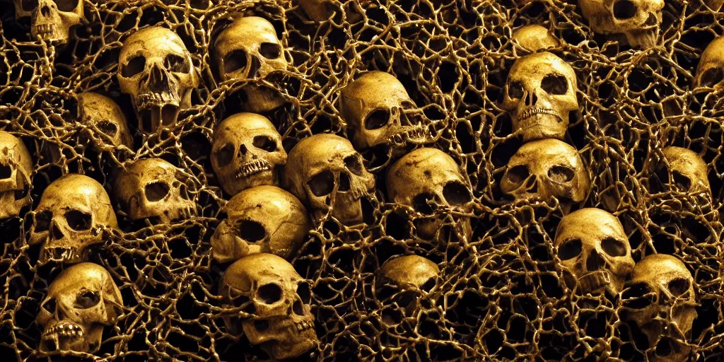 Prompt: a highly detailed realistic photographic render of swarm of corpses worshipping a skull with crown of thorns made of gold in the style of billelis, billelis , creepy, cinematic lighting, cinematic scene, Volumetric lighting, Atmospheric scene, Dark, Horror, Atmospheric lighting, Global illumination, realistic, photo realism, hyper realistic, hyper realism, photo realisitc, cinematic render, film, beautifully lit, ray traced, octane 3D render, octane render, unreal engine