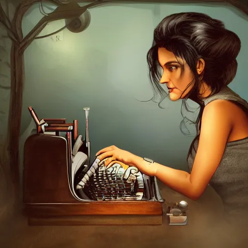 Image similar to a brown female author writing a book on a typewriter in an eerie cottage in the woods, detailed digital art, trending on artstation, realistic! 8k, anatomically correct