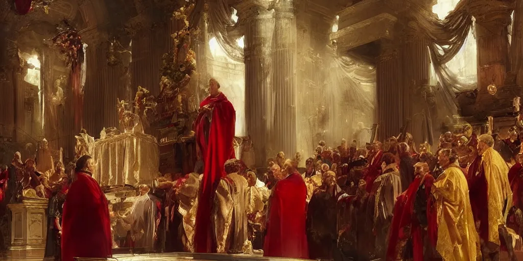 Prompt: beautiful oil painting, steve buscemi in royal crimson robes enthroned as the god emperor of ancient rome a golden wreath upon his head, by anders zorn, wonderful masterpiece by greg rutkowski, beautiful cinematic light, american romanticism, by thomas lawrence, greg rutkowski