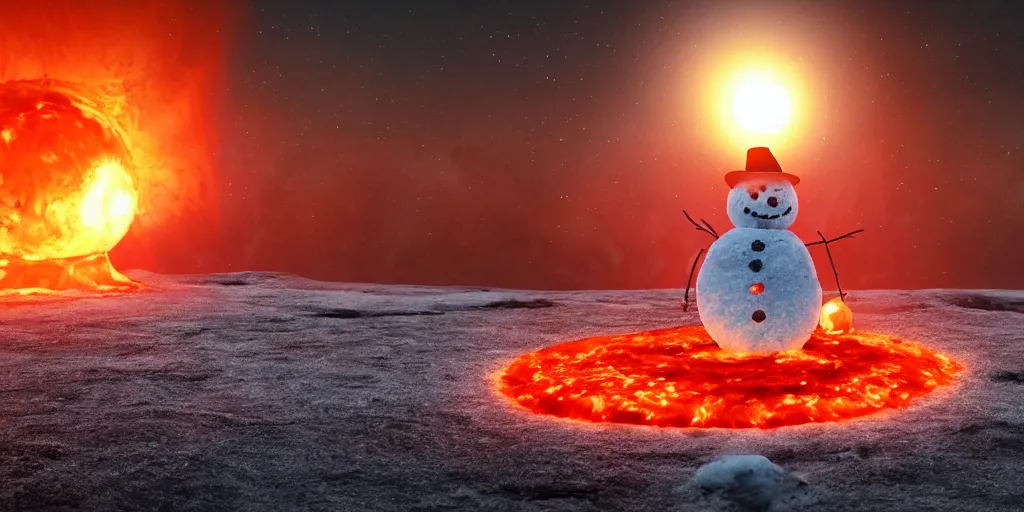 Image similar to a melted glowing snowman melting on top of the sun. the ground is made of fire and lava and is glowing orange. cinematic, dramatic, epic, volumetric lighting, atmospheric, red, orange extremely coherent, masterpiece, highly detailed, trending on artstation, 8 k, space, warm, solar flare, blade runner 2 0 4 9