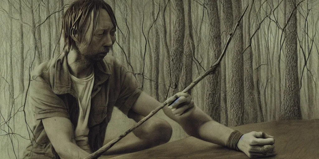 Prompt: beautiful photographs of prints of thom yorke pictures on a table, hyper realistic, variations of thom yorke holding a stick, right side profile, forest, water, moon, very wide angle high quality photograph, mixed styles, intricate details, diverse colors, deep emotional impact