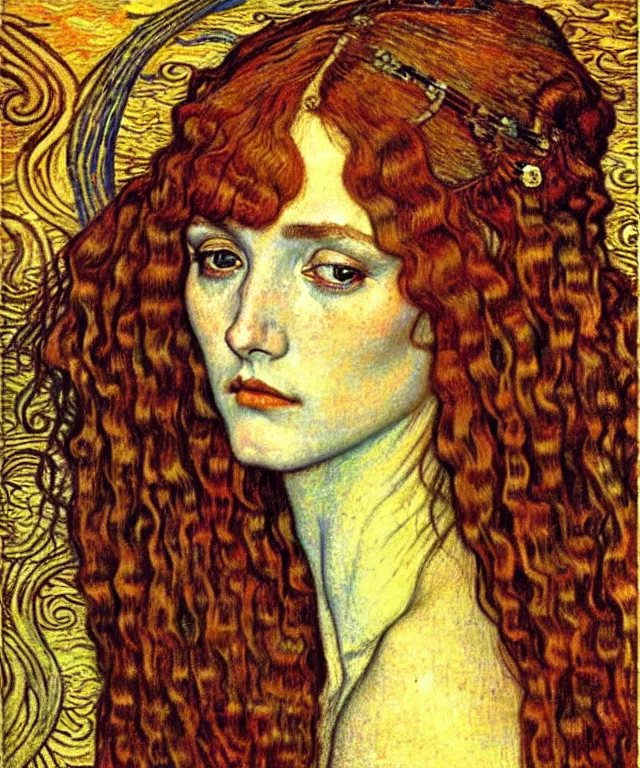 Image similar to detailed realistic beautiful young medieval queen face portrait by jean delville, gustav klimt and vincent van gogh, art nouveau, symbolist, visionary, gothic, pre - raphaelite, muted earthy colors, desaturated