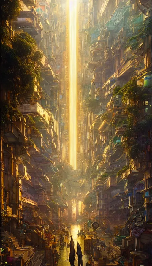 Image similar to golden goddess cutting a hyper realistic cyberpunk city in half with magic, crowded market street overtaken by lush plants, kittens, full moon, light rays, gnarly trees by tom bagshaw, mucha, gaston bussiere, craig mullins, j. c. leyendecker 8 k