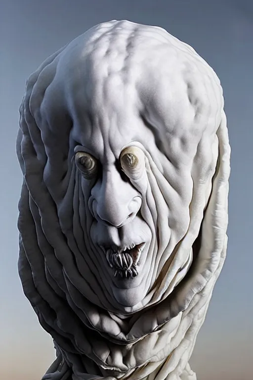 Image similar to Epic view of intricate Veiled Clown with twisted neck statue sculpted on white marble by Antonio Corradini, Wayne Barlowe and Artem Demura