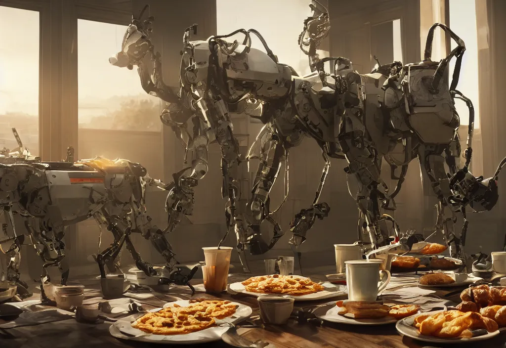 Image similar to accidentally wes anderson award - winning photograph of boston dynamics robots eating breakfast and drinking coffee, epic battlescene, 4 k, detailed, art by greg rutkowsky, trending on artstation, cinematic lighting, filmic grain, golden hour, detailed, 4 k