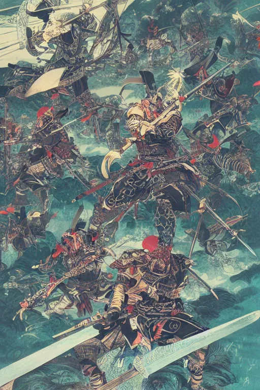 Prompt: hyper detailed illustration of samurai warfare by Yoshitaka Amano, Victo Ngai, Kev Walker, Ross Tran