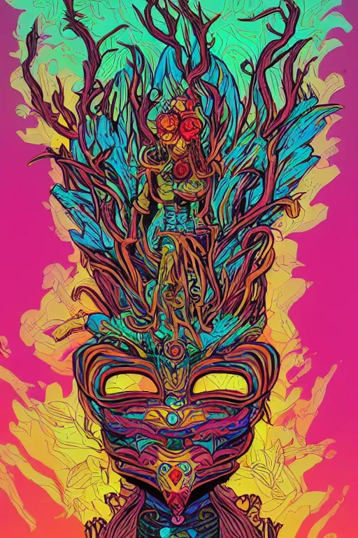 Image similar to animal mask totem roots flower tribal feather gemstone plant wood rock shaman vodoo video game vector cutout illustration vivid multicolor borderlands comics by josan gonzales and dan mumford radiating a glowing aura