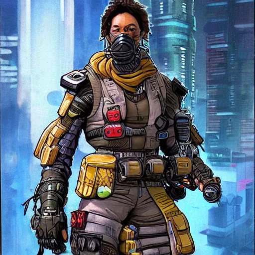 Image similar to Apex legends cyberpunk fitness dude. Concept art by James Gurney and Mœbius.