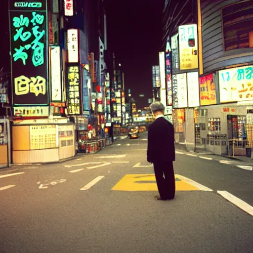 Image similar to landscape, old man in tokyo at night, wearing gold chain, gold rings, cinestill 8 0 0,