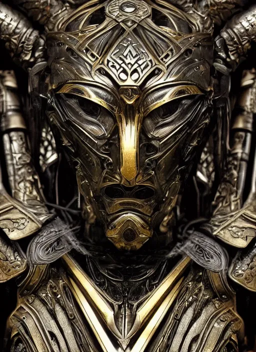 Prompt: hyper realistic glorious ancient celtic god in a obsidian metal armor, futuristic design, designed by makoto kobayashi and luca zampriolo, portrait, cyberpunk style, wood and gold details, intricate, extremely detailed, ornate, deep of field, hard surface, exoskeleton, substance designer metal unreal engine. amazing likeness. very detailed.