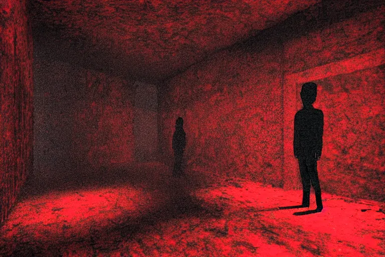 Image similar to cctv footage of an extremely dark empty room with evil horror humanoid cryptid monster made out of static, dark deep black shadows, crimson red and black color contrast in the style of trevor henderson and james ensor goya, liminal space, 3 d render, glitch effect