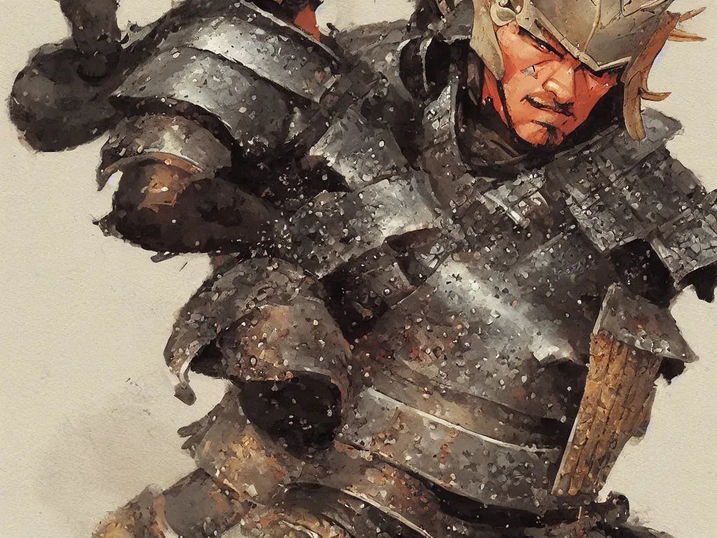 Prompt: close up of a samurai in full armor, by fiona staples, travis charest, sachin teng, greg manchess