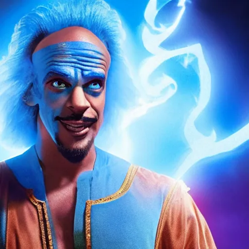 Image similar to doc brown as genie with blue skin in the movie aladdin, movie still 8 k hdr atmospheric lighting