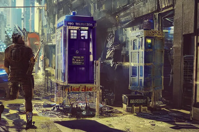 Image similar to tardis in cyberpunk 2 0 7 7