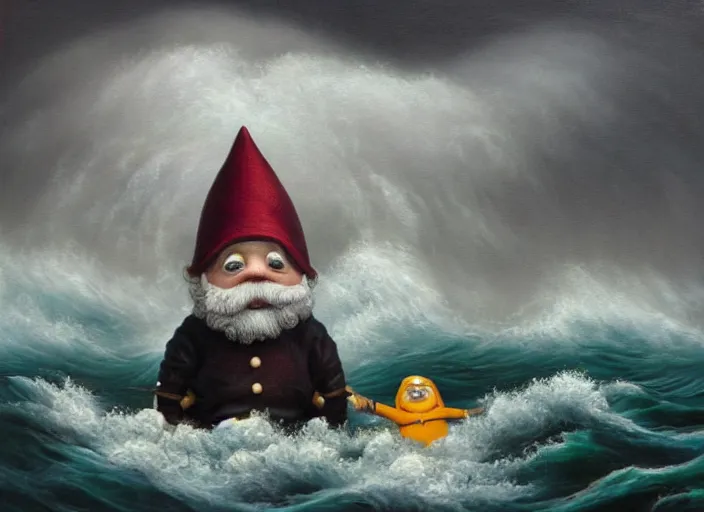 Image similar to a terrified garden gnome sailing in a bucket, background of raging ocean with huge waves on a stormy day with dramatic thunderhead clouds, an ultrafine detailed painting by mark ryden, trending on deviantart, pop surrealism, whimsical, lowbrow, rainy, perfect symmetrical face