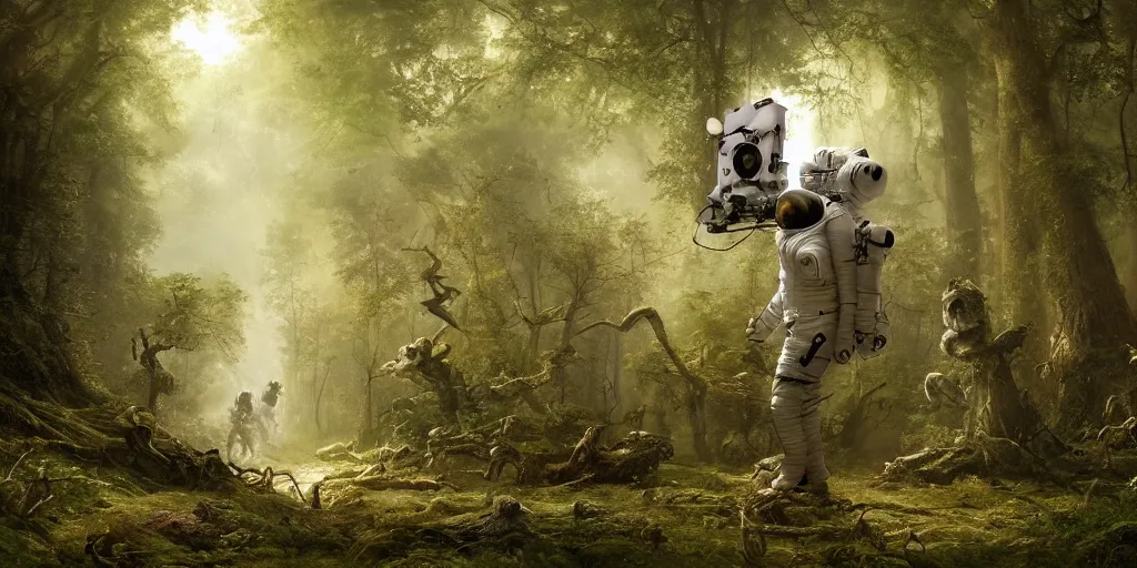 Image similar to an astronaut comes a across a strange creature in a forest, a detailed matte painting by frieke janssens, featured on cgsociety, fantasy art, matte painting, reimagined by industrial light and magic, matte drawing