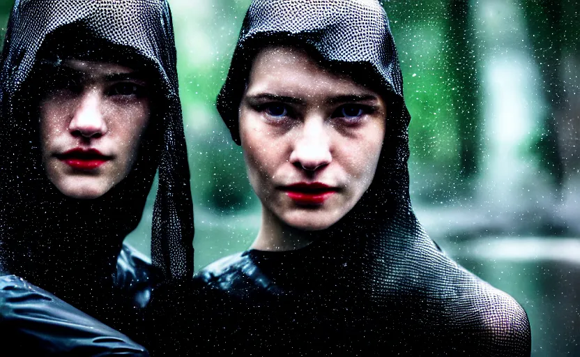 Image similar to cinestill 5 0 d candid photographic portrait by christopher nolan of two loving female androids wearing rugged black mesh techwear in treacherous waters, extreme closeup, modern cyberpunk moody emotional cinematic, pouring rain, 8 k, hd, high resolution, 3 5 mm, f / 3 2, ultra realistic faces, ex machina