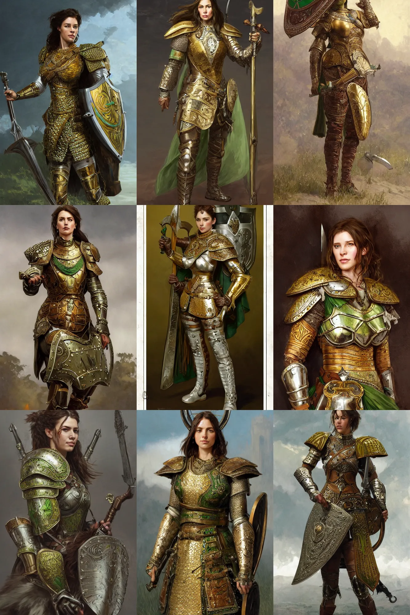 Prompt: full body portrait of a rugged female warrior medium length brown hair and a very highly detailed face wearing elegant white, green and gold plate mail armor intricately painted, holding a tower shield and flintlock pistol, very highly detailed, artstation, cgsociety, realistic character concept art, sharp focus, by greg rutkowski, and alphonse mucha