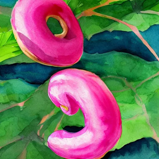 Prompt: Tropical tree branch growing pink donuts, Watercolor, photorealistic, high resolution, award winning, trending on artstation