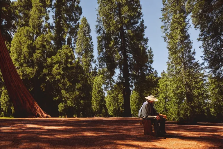 Prompt: a small figure of a man sitting under giant sequoia tress, tranquil, silent, solemn, photo realistic, minimalist