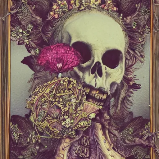 Image similar to a beautiful detailed front view baroque portrait of a rotten woman corpse becoming almost a skull with fractal plants and fractal flowers and mushrooms growing around, intricate, ornate, volumetric light, beautiful lit, polaroid photography