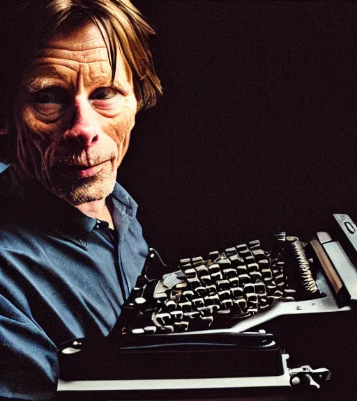 Image similar to Leica Zeiss hd portrait photo of Steven king using typewriter next to dark tower in synthwave style trending