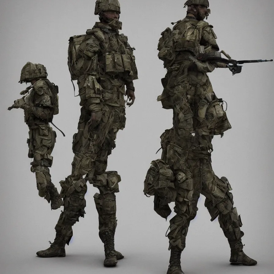 Image similar to lone single suited being, 4 limbs and civilized behavior, military soldier behavior, photorealistic rendering, hyperdetailed