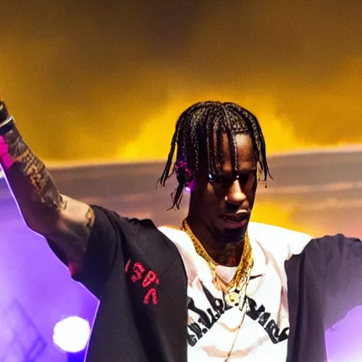 Image similar to travis scott doing a fortnite dance in astroworld concert,