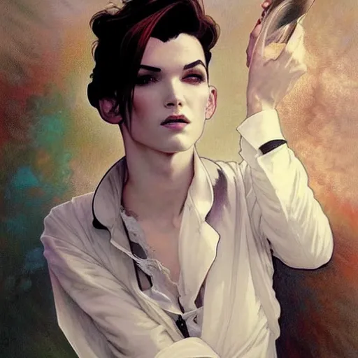 Image similar to beautiful portrait of androgynous ruby rose as desire from sandman in a white tuxedo!!!, rockabilly style, by alphonse mucha, cedric peyravernay, by jeremy mann, by frank moth, white suit and black tie, soft lightning, high detailed, 8 k