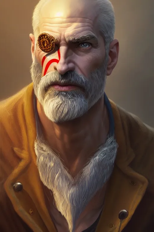 Image similar to portrait of a middle aged grey haired man in a monocle in the style of god of war, golden machine parts, intricate, elegant, highly detailed, digital painting, artstation, concept art, smooth, sharp focus, illustration, art by artgerm and greg rutkowski and alphonse mucha, 8 k