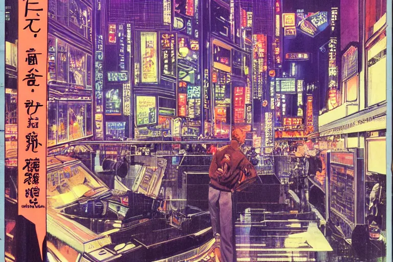 Image similar to 1 9 7 9 science fiction magazine window shopping downtown in neo - tokyo. in the style of bladerunner concept art by syd mead