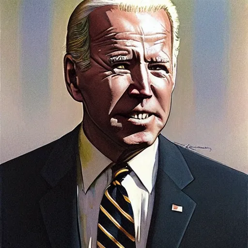 Image similar to immense, majestic joe biden striding through the streets of art deco city, perfectly clear face, by j. c. leyendecker and beksinski