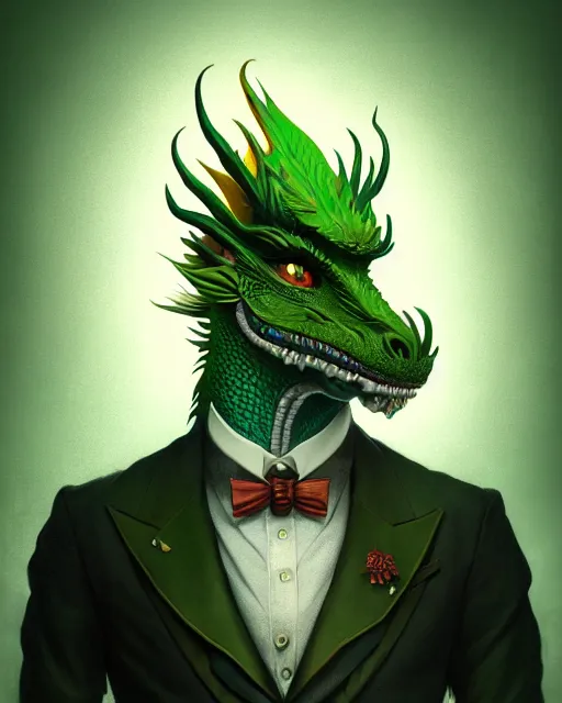 Image similar to anthropomorphic art of a businessman dragon, green dragon, portrait, victorian inspired clothing by artgerm, victo ngai, ryohei hase, artstation. fractal papers and books. highly detailed digital painting, smooth, global illumination, fantasy art by greg rutkowsky, karl spitzweg