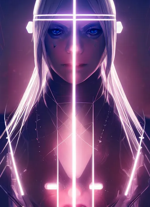 Image similar to symmetry portrait of a 2 from nier automata, sci - fi, tech wear, glowing lights intricate, elegant, highly detailed, digital painting, artstation, concept art, smooth, sharp focus, illustration, art by artgerm and greg rutkowski and alphonse mucha