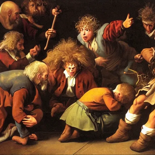 Prompt: Baroque painting of a group of Hobbits arguing who gets the next turn on Playstation,